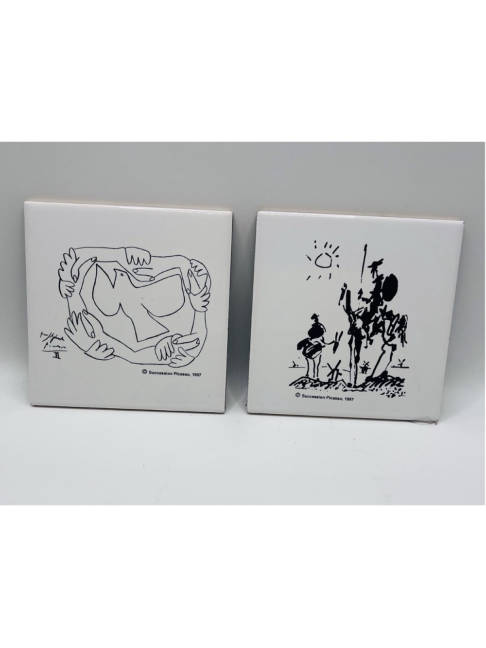 Succession Picasso Ceramic Tile Coasters 1997 Don Quixote & Hands With Dove 2pc - Picture 5 of 6